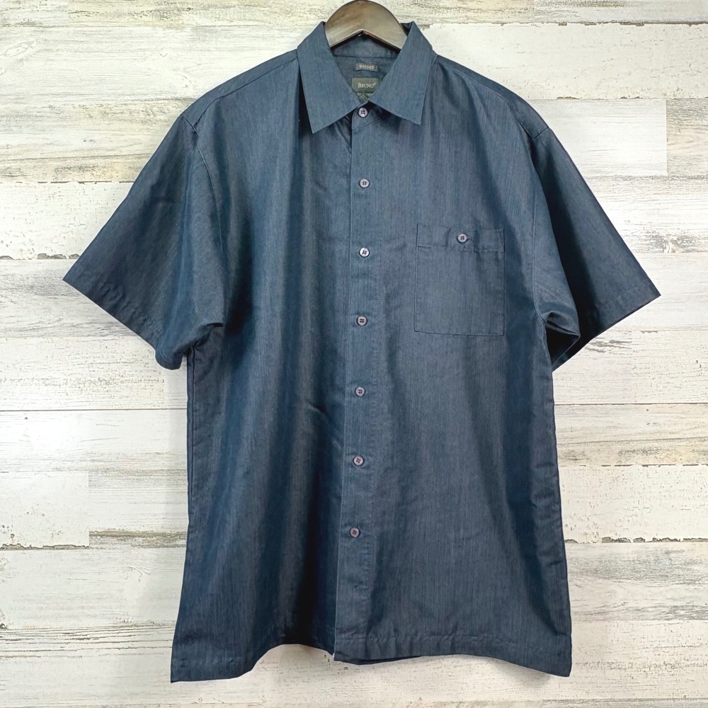 Bruno Button Down Shirt Men Large Navy Blue Short Sleeve Sueded Normcore
